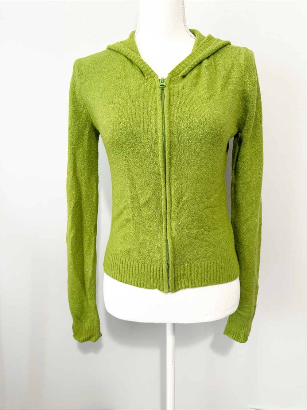 Moda International Lime Green Hooded Zip Sweater super soft size small angora